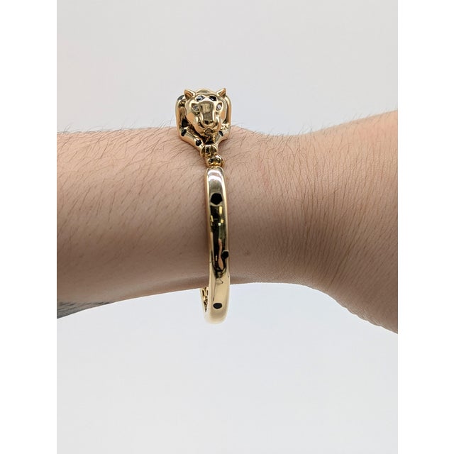 Modern Concrete Jungle Chic - Fierce Leopard Bangle W Diamond Accents in 14k Solid Gold For Sale - Image 3 of 9