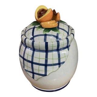 Vintage Bella Casa by Ganz Trompe L’Oeil Blue and White Plaid Peach / Peaches 3d Fruit Cookie Jar Canister For Sale