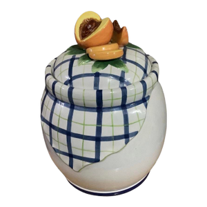 Vintage Bella Casa by Ganz Trompe L’Oeil Blue and White Plaid Peach / Peaches 3d Fruit Cookie Jar Canister