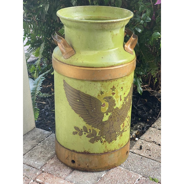 Antique American copper painted light green with American Eagle large milk canister as umbrella stand.