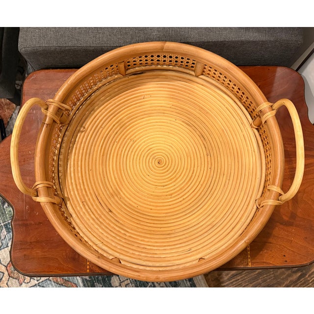 Large Vintage Round Rattan & Cane Serving Tray With Handles For Sale In Dallas - Image 6 of 8