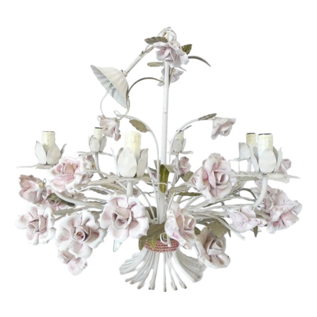 Vintage French Tole Chandelier with Porcelain Roses For Sale