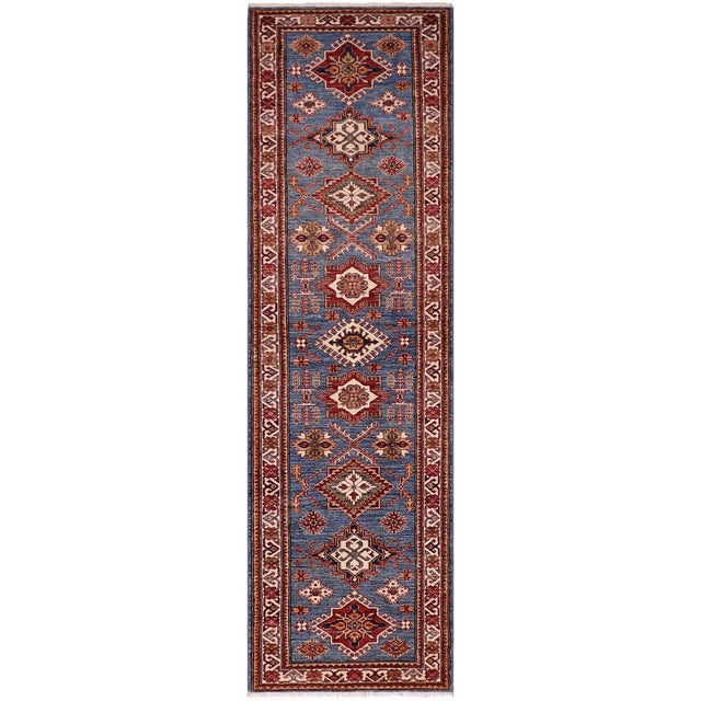 Rustic Super Kazak Blue/Beige Wool Runner Rug- 2'8'' X 10'6'' For Sale - Image 10 of 10