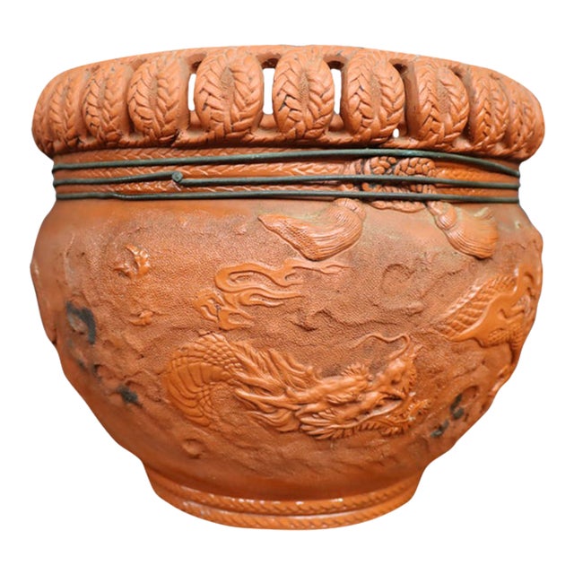 Japanese Tokoname Ware Dragon Motif Terracotta Jardinère For Sale