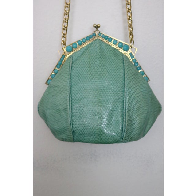 Art Deco 1930 Art Deco Gold Plate Frame Snakeskin Evening Bag with Turquoise Beads For Sale - Image 3 of 8