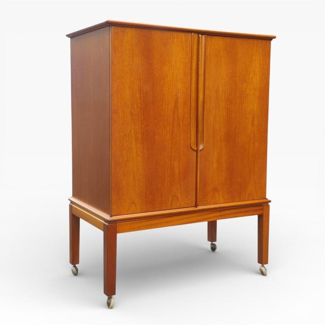 Brown Mid-Century Modern Danish Teak Bar Cabinet on Castors, 1970s For Sale - Image 8 of 11
