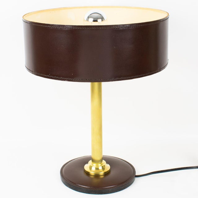 Metal Jacques Adnet Brown Hand-Stitched Leather-Clad Table Lamp For Sale - Image 7 of 14