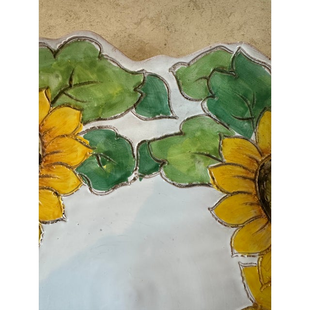 Vintage 13.5” Italian Sunflower Incised, Glazed Handpainted Terracotta Platter For Sale - Image 9 of 16