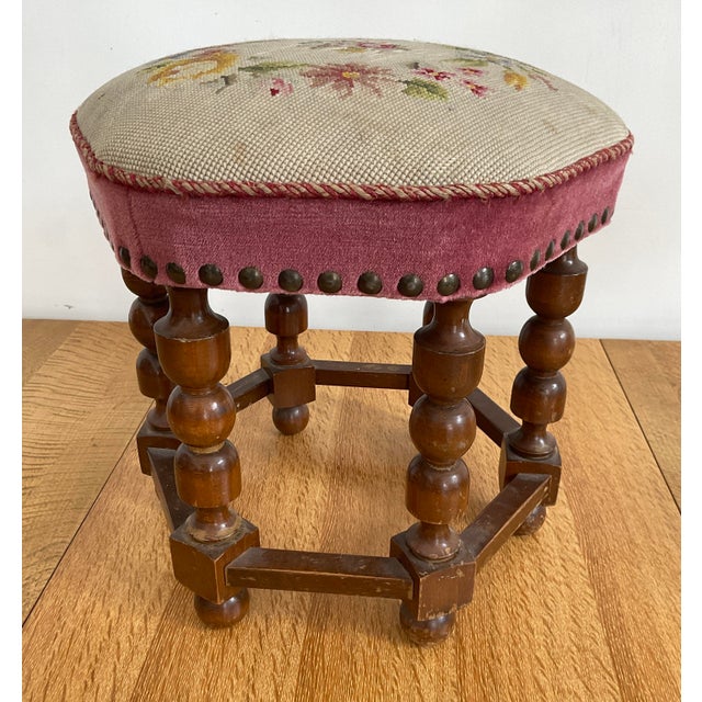 Mid 20th Century Vintage Mid-Century Walnut Footstool With Floral Needlepoint Tapestry For Sale - Image 5 of 7