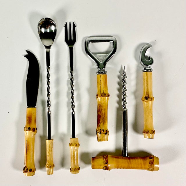 1970s 1970s Vintage Hollywood Regency Coastal Boho Chic Bamboo & Stainless Steel Bar Utensil Set - Set of 6 For Sale - Image 5 of 10