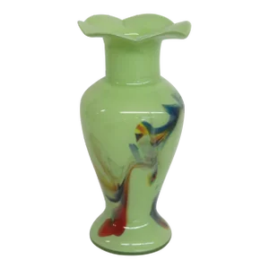 Dalian Art Hand Blown Glass Green Colorful Ruffle Top Vase