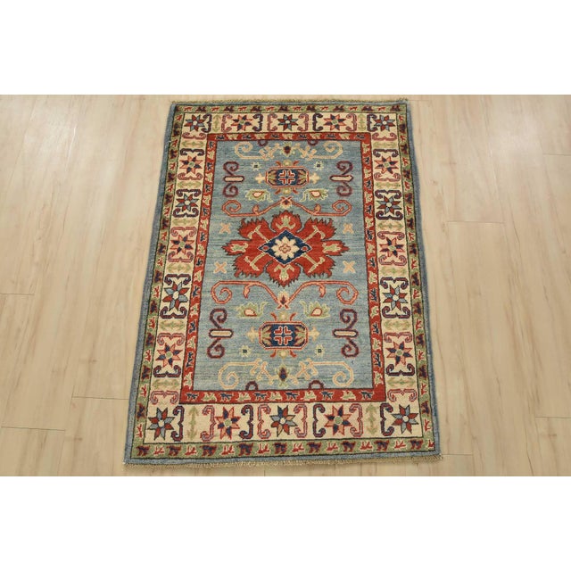 Farmhouse Kazak Rug 2’10” X 4′ Blue Wool Tribal Hand-Knotted Oriental Carpet For Sale - Image 3 of 10