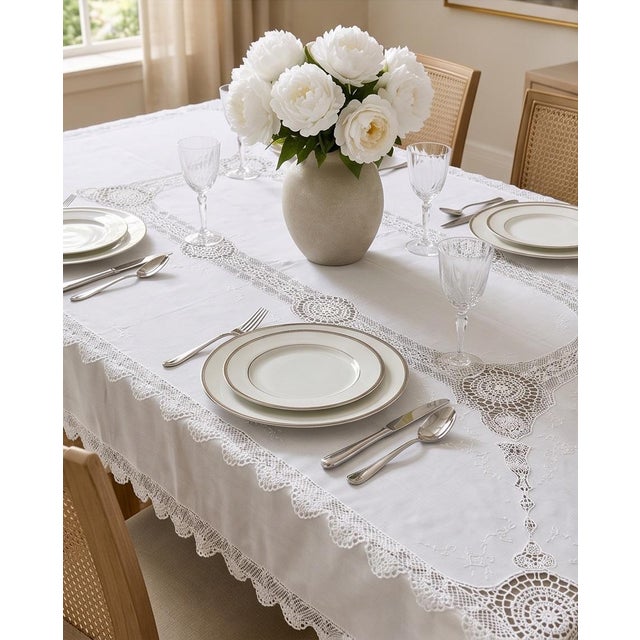White Vintage Battenburg Lace Tablecloth & 12 Napkins Set, 100” X 63”, Formal Dining | Holiday Table For Sale - Image 8 of 12