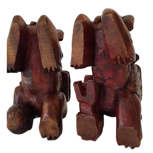 Wood Vintage Chinese Foo Dog Asian Art Statue Decor Wooden Hand Carved Large - a Pair For Sale - Image 7 of 8