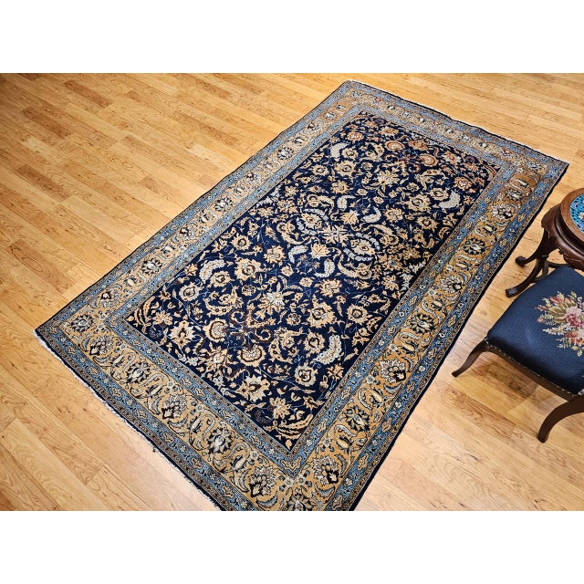 Antique Persian Tabriz Rug, Hand-Knotted Wool & Silk, Allover Floral Pattern, Navy & Tan, 6x10 For Sale - Image 4 of 13