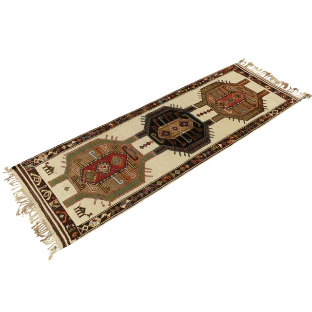 Tribal Vintage Tribal Rug in Beige-Brown, Red and Green, Colorful Geometric Patterns For Sale - Image 3 of 7