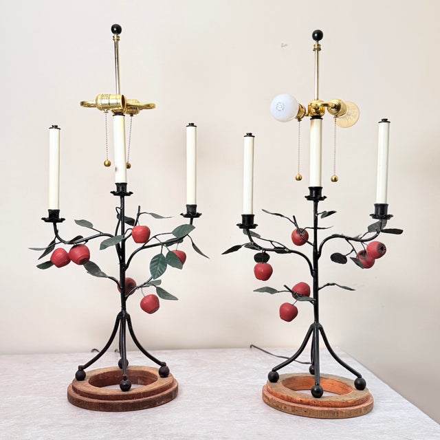 Farmhouse Frederick Cooper Chicago Tole Apple and Iron Candelabra Table Lamps Set of 2, 1950s Folk Art Toleware For Sale - Image 3 of 11