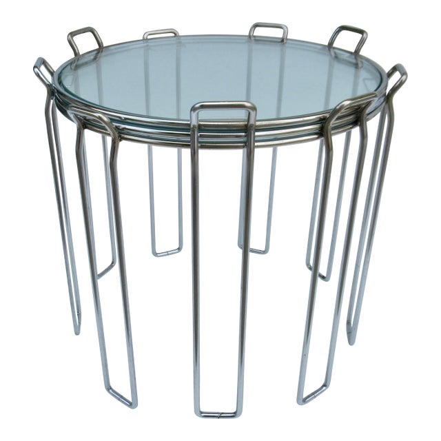 C1970's Saporiti Italia Polished Chrome Over Steel & Glass Stacking, Nesting Tables - Set of 3 For Sale