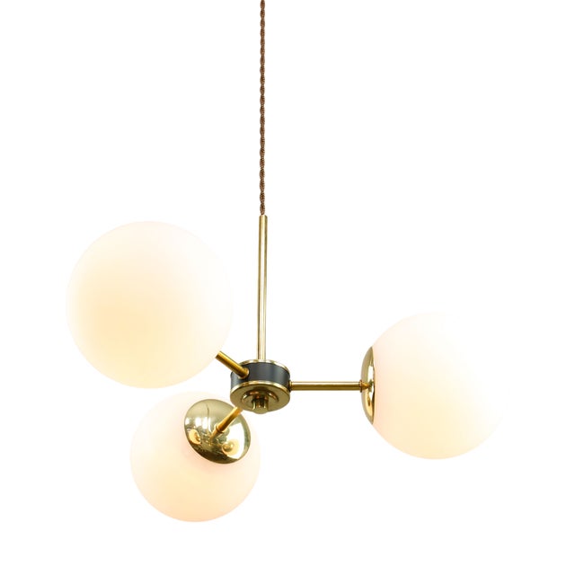 Mid-Century Modern Italian Pendant Light in Brass and Opaline Glass, 1960s For Sale