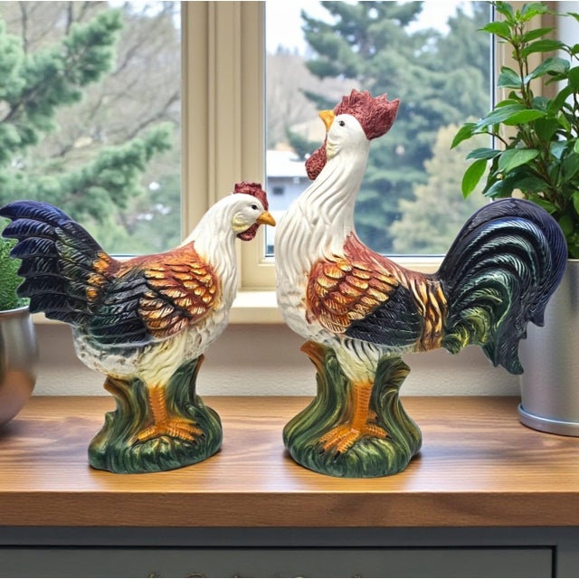 This striking pair of Italian ceramic rooster and hen figures exemplifies the expressive craftsmanship of mid- to...