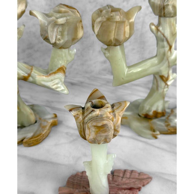Green Vintage Italian Onyx Stone Tulip Candelabra Candlestick Holders - Set of 3 For Sale - Image 8 of 11