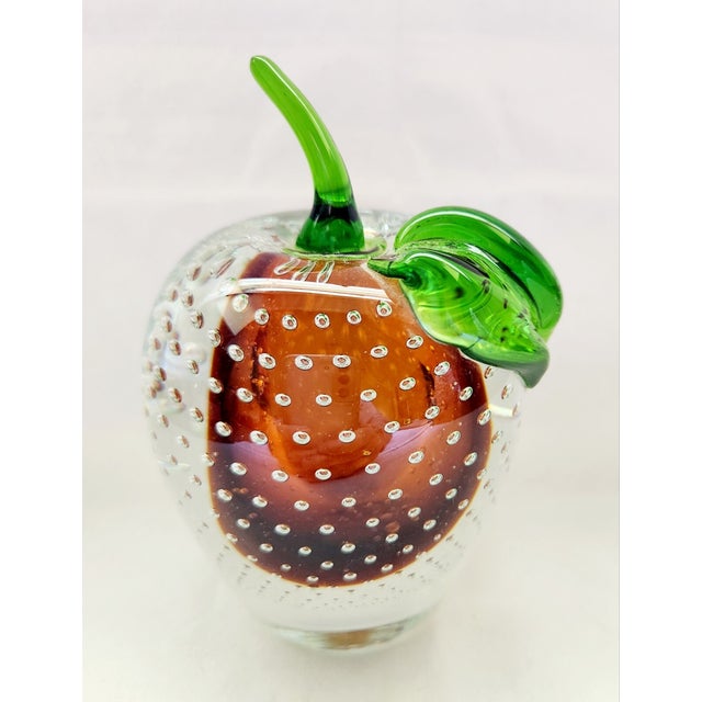 Mid-Century Modern Vintage Murano Style Bubble Art Glass Apple Paperweight For Sale - Image 3 of 6