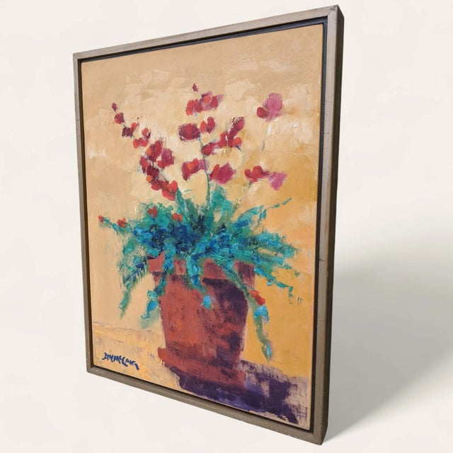 Green Vintage Original Still Life Potted Begonia Flower Oil Painting Signed For Sale - Image 8 of 10