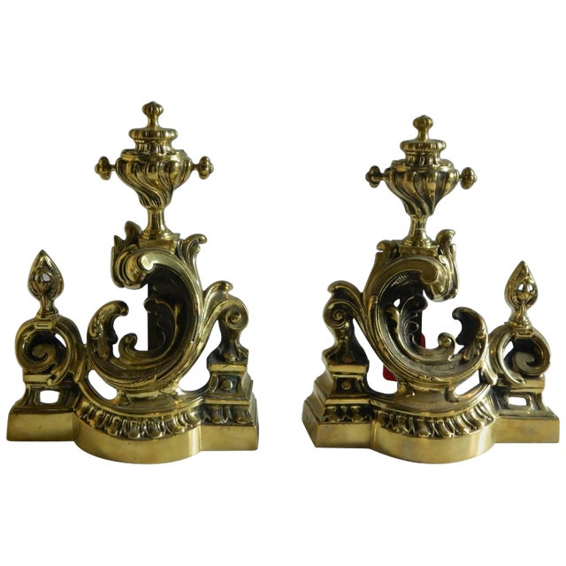 Polished Brass Chenets or Andirons, Scroll Motif, 19th Century - a Pair For Sale