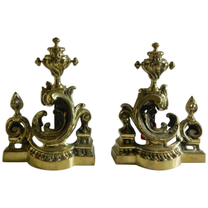 Polished Brass Chenets or Andirons, Scroll Motif, 19th Century - a Pair