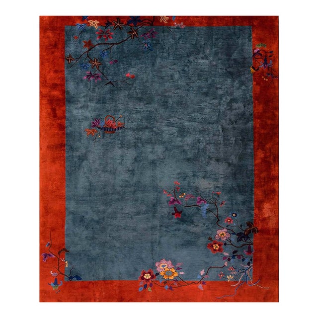 Exceptional Army Green Color Ground With Bits of Chinese Ornament Floral Design Antique Chinese Art Deco Rug For Sale