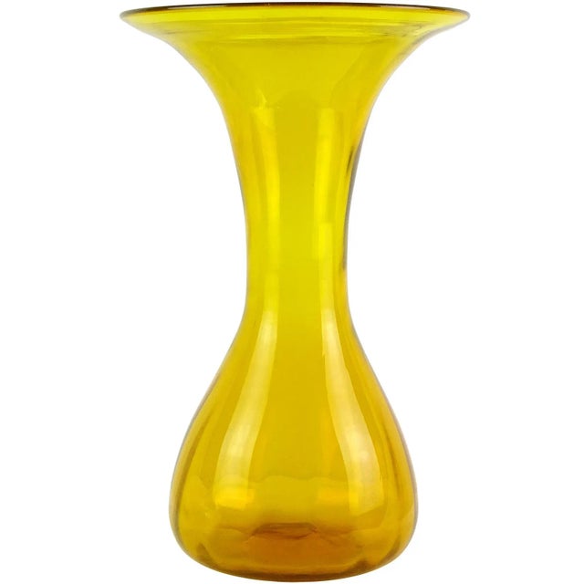 Blenko Vintage Large Art Glass Golden Yellow Orange Decorative Flared Rim Flower Vase For Sale - Image 4 of 4