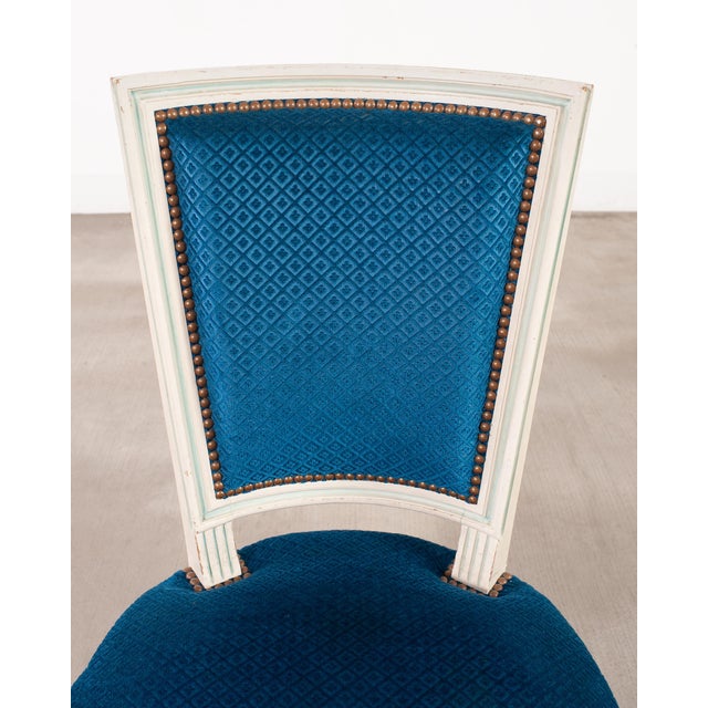 Blue Set of Eight Louis XVI Style Painted Dining Chairs in Blue Velvet For Sale - Image 8 of 18