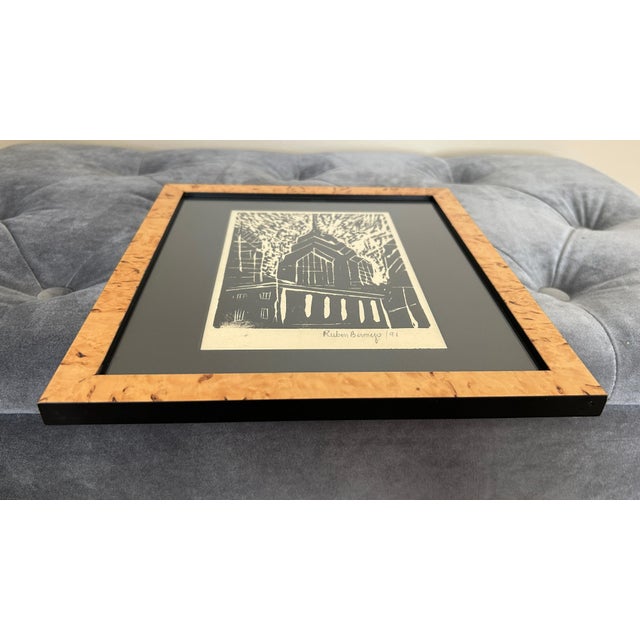 Late 20th Century Vintage Signed Ruben Bermejo Black & White Architectural Print, 1991, Burl Wood Frame For Sale - Image 5 of 9
