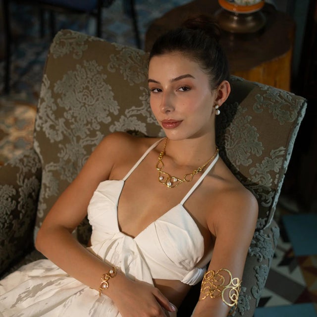 Divine Light Pearl Gold Statement Necklace For Sale - Image 4 of 12