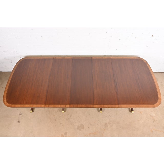 1980s Baker Furniture Georgian Banded Mahogany Pedestal Extension Dining Table, Newly Refinished For Sale - Image 5 of 12