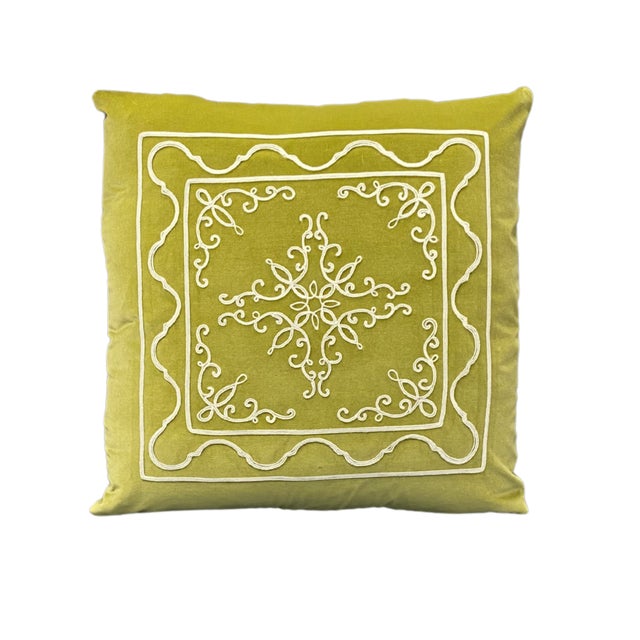 This chartrueuse green velvet pillow was crafted by the talented hands of our men and women artisans. From the the pattern...