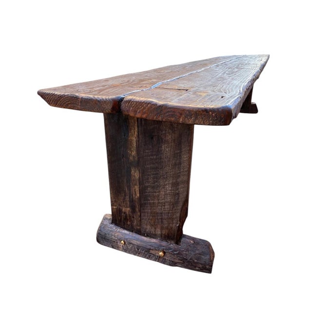 114" Archaic’s Made-to-Order Farmhouse Bench of Espresso Finished Reclaimed Barnwood For Sale - Image 4 of 10