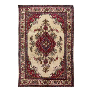 1960s Vintage Persian Tabriz Handmade Medallion Beige Wool Rug For Sale