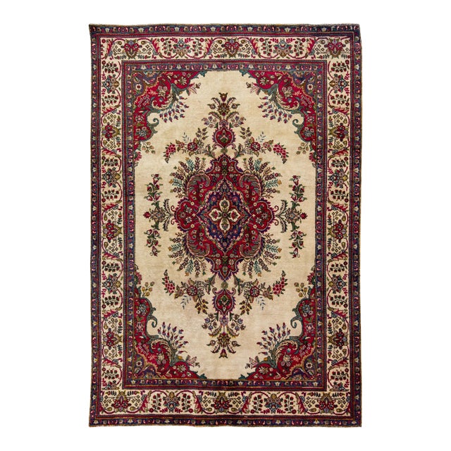 1960s Vintage Persian Tabriz Handmade Medallion Beige Wool Rug For Sale