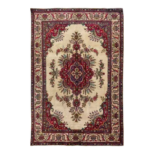 1960s Vintage Persian Tabriz Handmade Medallion Beige Wool Rug