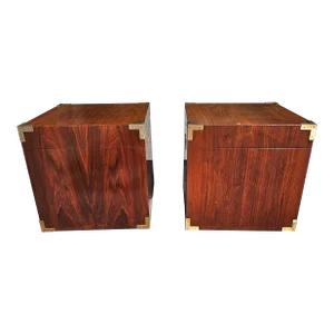 Pair of Mid Century Teak Campaign Style Cubical Side Tables Chests