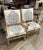 Antique 18th c open arm chairs bleached pine and re upholstered in block printed linen . Pair of antique open arm chairs .