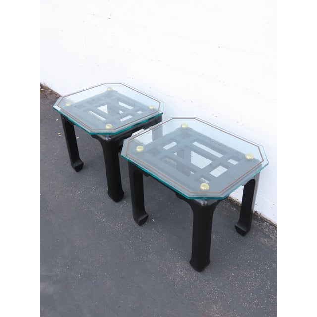 Hollywood Regency Black Painted Glass Top Side Tables a Pair 6901 For Sale In Miami - Image 6 of 18