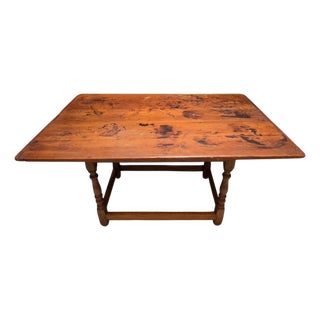 18th-Century English Provincial Farmhouse Table With Aged Plank Top, Turned Legs and Stretcher Base For Sale