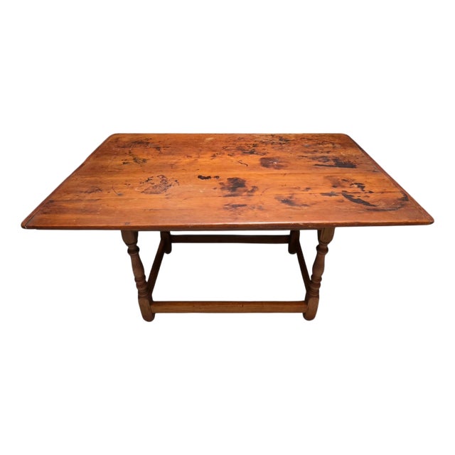 18th-Century English Provincial Farmhouse Table With Aged Plank Top, Turned Legs and Stretcher Base For Sale
