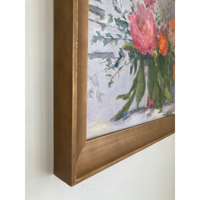 “Peony and Ranunculus” Contemporary Framed Floral Oil on Linen For Sale - Image 4 of 6