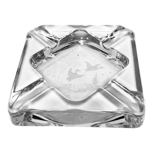 Queen Lace Cut Crystal Ashtray Trinket Dish With Etched Wild Geese, Circa 1970s For Sale