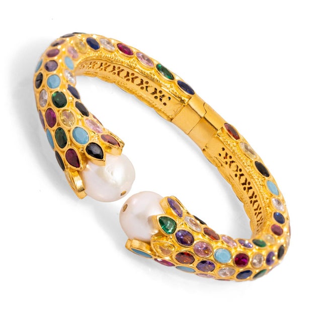 Contemporary Cleopatra Multi Gemstone & Pearl Gold Chunky Cuff Bracelet For Sale - Image 3 of 7