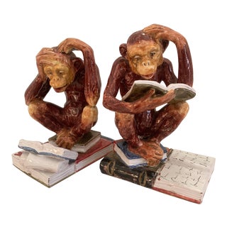 Italian Terra Cotta Majolica Monkey Bookends - A Pair For Sale