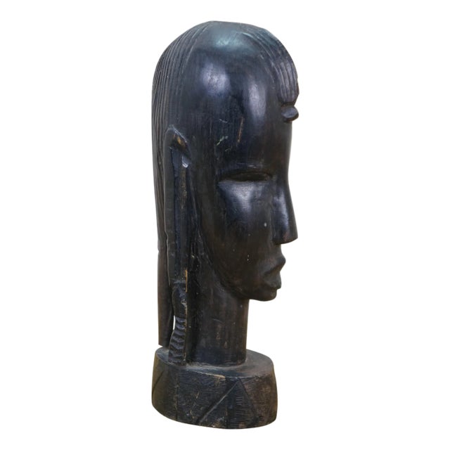 Vintage African Folk Art Carved Blackwood Tribal Warrior Bust Head Figurine 9" For Sale
